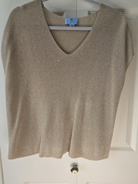 CeCe Tops - CeCe Metallic Knit V-Neck Top in Champagne